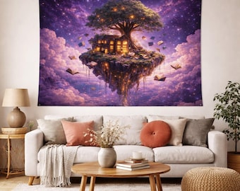 Enchanted Flying Books Tapestry | Glowing Magic Tree Wall Decor | Aesthetic Fairycore Room | Fantasy Library Art | Easy to Hang Tapestry