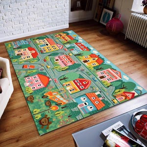 Stadskaart kinderen, speelkleed, speelkleed, gepersonaliseerde stadskaart tapijt, woondecoratie, speelkleed, kinderkamer kunstdecor, vloermat, kinderkamertapijt