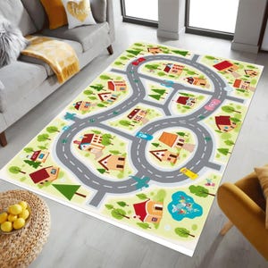 Stadskaart kinderen, speelkleed, speelkleed, gepersonaliseerde stadskaart tapijt, woondecoratie, speelkleed, kinderkamer kunstdecor, vloermat, kinderkamertapijt