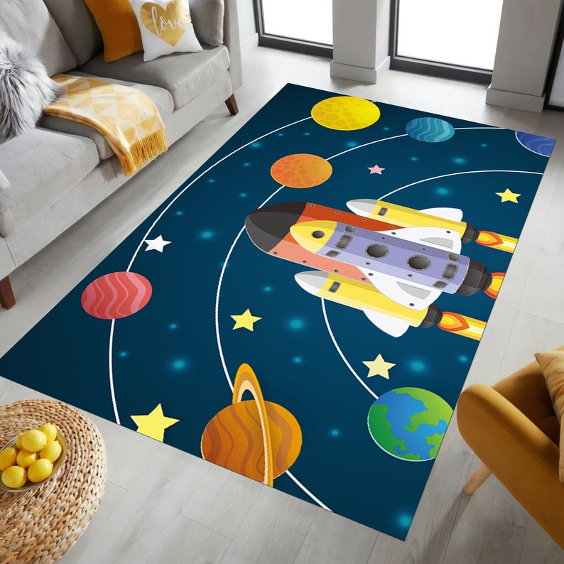 Solar System Rug Rectangle Space Rug, the Solar System Rug, Rocket, Astronaut, Satellite, Custom ...