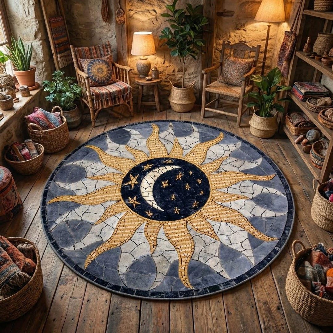 Modern Sun Rug Round Rug, Sun, Moon, Stars, Sky, Mosaic, Abstract Rug, Custom Rug ...