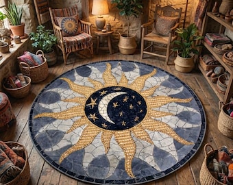Tapete redondo, Sol, Lua, Estrelas, Céu, Mosaico, Tapete abstrato, Tapete personalizado, Tapete para decoração de casa, Tapete moderno, Tapete antiderrapante, Tapete popular, Tapete para área
