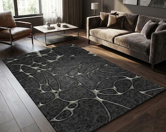 Dark Gray Abstract Area Rug, Organic Cell Pattern Carpet, Modern Industrial Floor Mat, Moody Living Room Bedroom and Loft Statement Decor