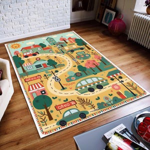 Stadskaart kinderen, speelkleed, speelkleed, gepersonaliseerde stadskaart tapijt, woondecoratie, speelkleed, kinderkamer kunstdecor, vloermat, kinderkamertapijt