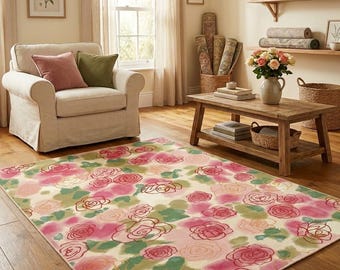 Pink Rose Floral Area Rug, Watercolor Flower Carpet, Romantic Cottage Floor Mat, Shabby Chic Living Room and Bedroom Botanical Decor