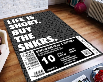 La vida es corta, compra el Snkr, eslogan, zapatillas, alfombra para sala de zapatillas, alfombra personalizada, regalos de cumpleaños, regalos para él, alfombra antideslizante, popular, niña, hijo