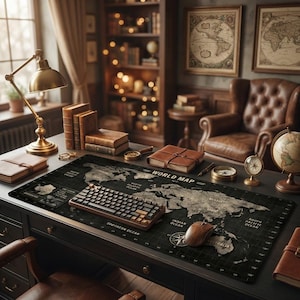 以下が含まれることがあります： 世界地図のマウスパッド、キーボード、マウスが置かれた暗い机。机には革装丁の本、真鍮のランプ、地球儀、コンパスが置かれています。背景には本棚、額入りの地図、革張りのアームチェアがあります。