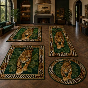 Emerald Green Leopard Rug, Tropical Jungle Floor Carpet, Safari Animal Print Decor, Maximalist Living Room Mat, Long Rug, Round Carpet