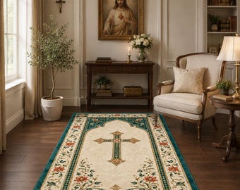 Christian Cross Area Rug, Teal and Beige Religious Floor Mat, Vintage Floral Prayer Carpet, Home Altar Decor, Washable Non Slip Church Rug