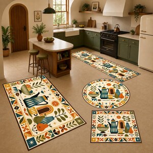 May include: A set of four floor mats featuring a repeating pattern of blue coffee pots, bowls of fruit, pears, and oranges on a cream background. The collection includes one long runner, one large rectangular mat, one circular mat, and one square mat.