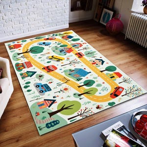 Stadskaart kinderen, speelkleed, speelkleed, gepersonaliseerde stadskaart tapijt, woondecoratie, speelkleed, kinderkamer kunstdecor, vloermat, kinderkamertapijt