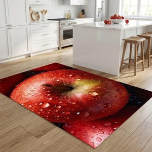 Red Apple Kitchen Rug, Juicy Fruit Area Carpet, Water Drop Floor Mat, Farmhouse Kitchen and Dining Room Decor, Bold Food Theme Statement Rug