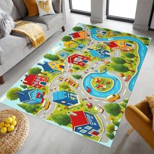Stadskaart kinderen, speelkleed, speelkleed, gepersonaliseerde stadskaart tapijt, woondecoratie, speelkleed, kinderkamer kunstdecor, vloermat, kinderkamertapijt