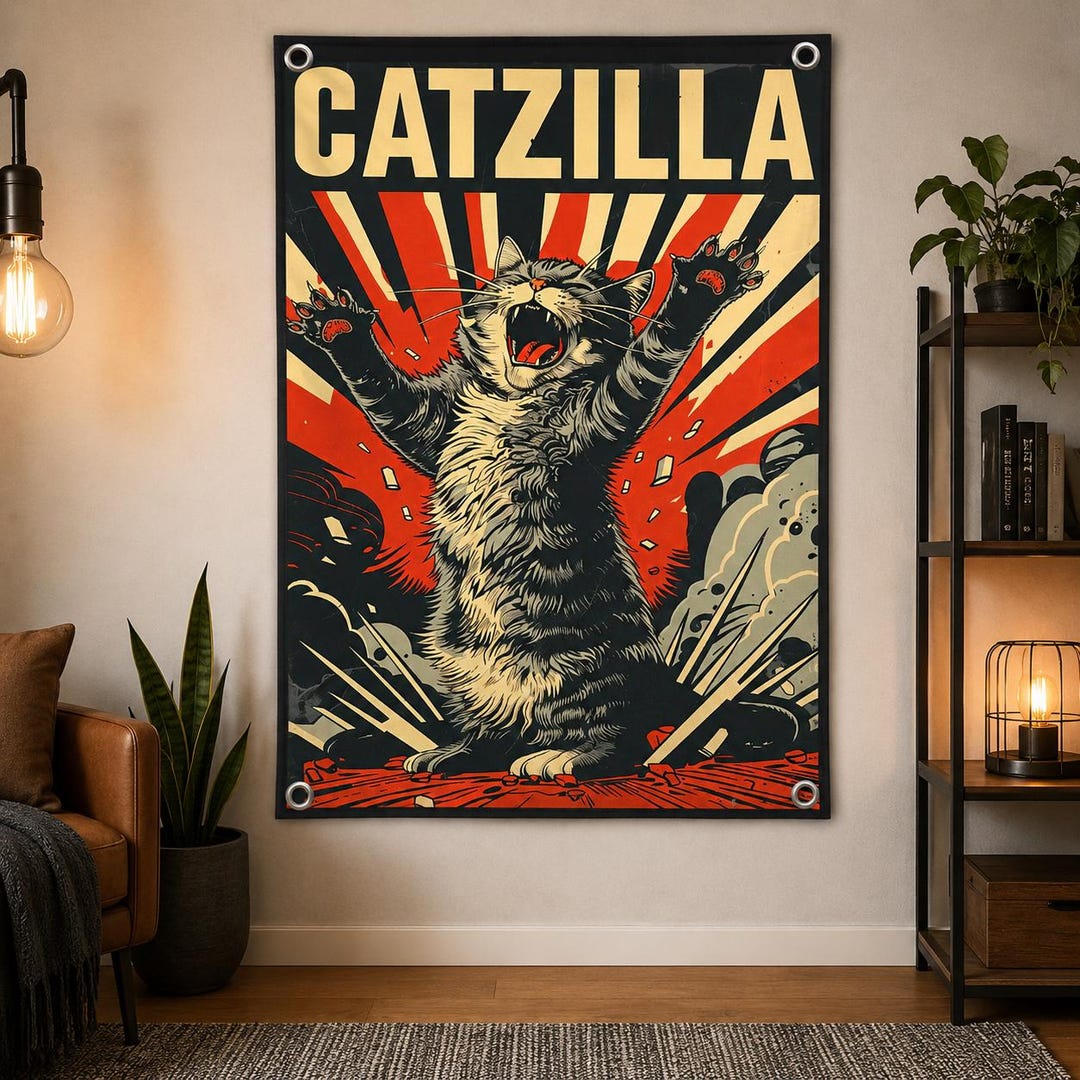 Catzilla Wall Tapestry Funny Giant Cat Monster Poster Vintage Retro ...
