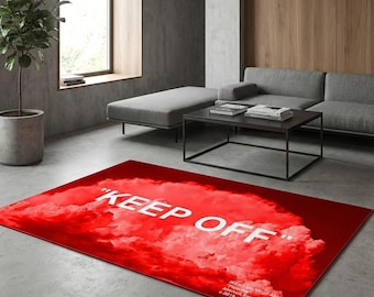 Alfombra "Mantener alejado" (Keep Off Area Carpet), Alfombra "Nube de humo rojo", Alfombra con cita de advertencia llamativa, Decoración de estilo urbano para sala de estar, sala de juegos y cueva de hombre.