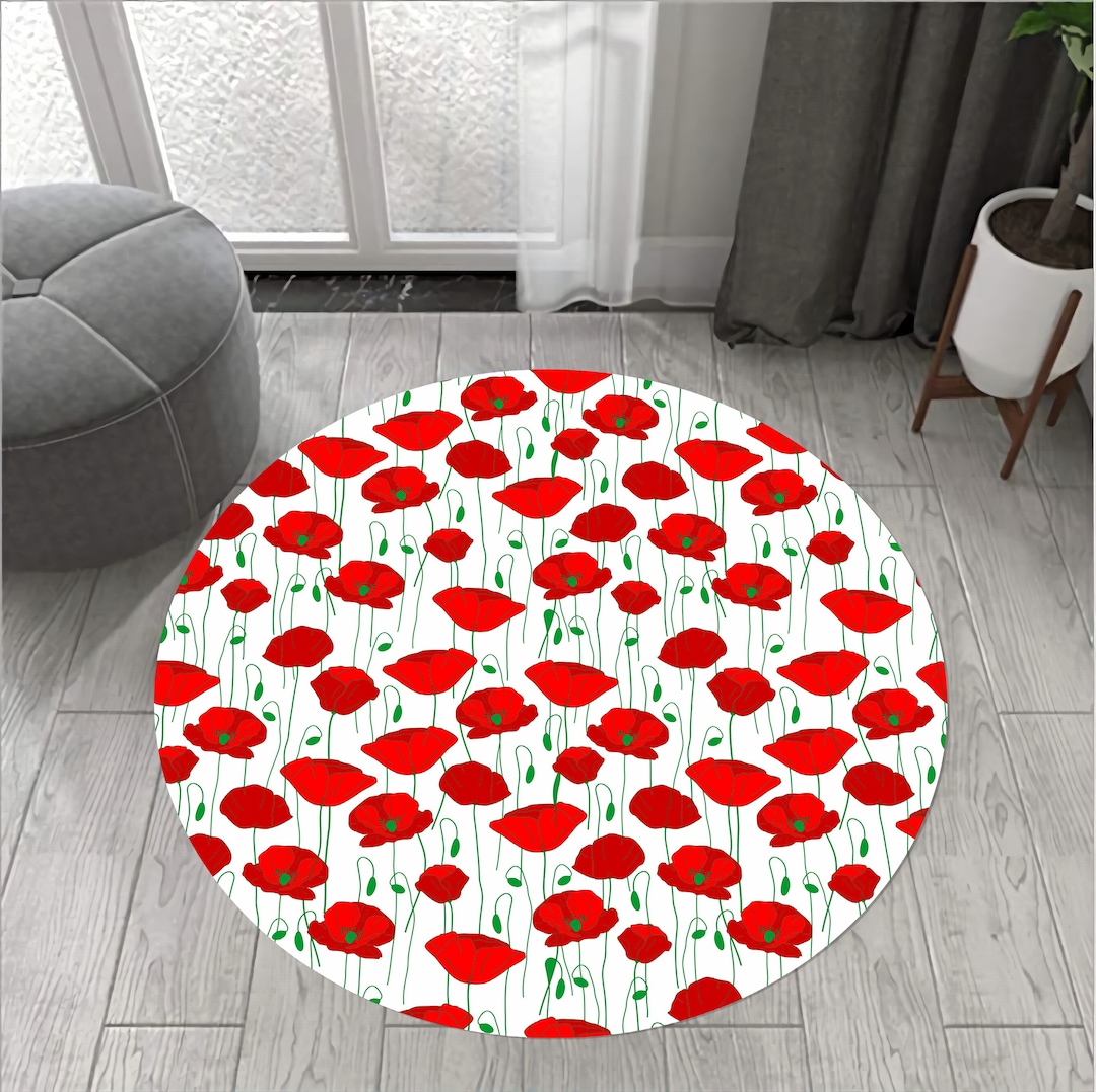 Poppy Kitchen Rug White Floor, Poppy Flower, Red Poppy Flower, Colored Abstract Rug ...
