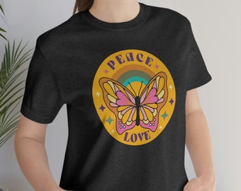 Peace Love Butterfly Tee, Boho shirt, Butterfly tshirt, Peace tee, Love shirt, Retro tshirt, gift for her, modern boho tee, rainbow shirt