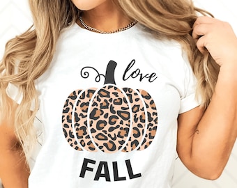Love fall tee, leopard print fall t-shirt, pumpkin tshirt, gift for fall, love fall y'all, Thanksgiving tee, fall vibes, fall shirt