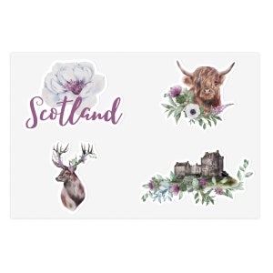 Scotland Sticker Sheet, Highland Cow sticker, Stag sticker, Scottish rose sticker, Stickers for Scotland lovers, travel stickers