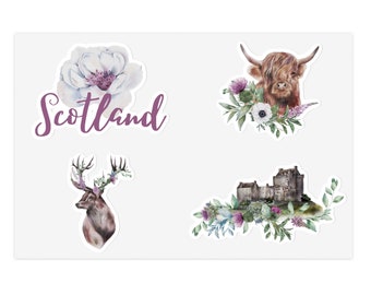Scotland Sticker Sheet, Highland Cow sticker, Stag sticker, Scottish rose sticker, Stickers for Scotland lovers, travel stickers