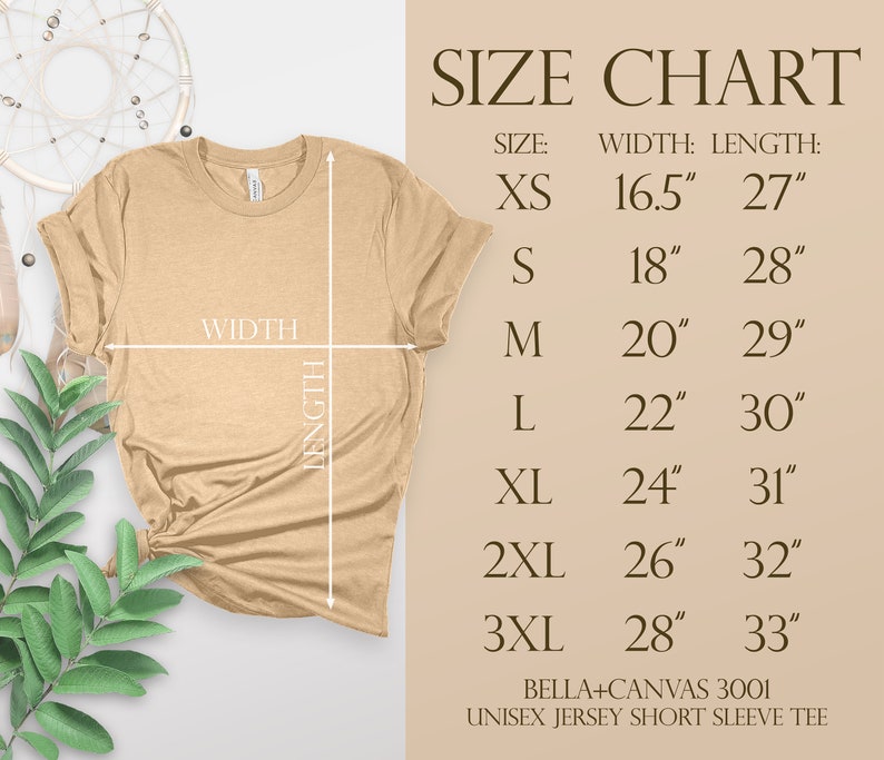 May include: Size chart for a unisex jersey short sleeve tee, showing measurements in inches for width and length for sizes XS, S, M, L, XL, 2XL, and 3XL.  The chart is printed on a beige background.