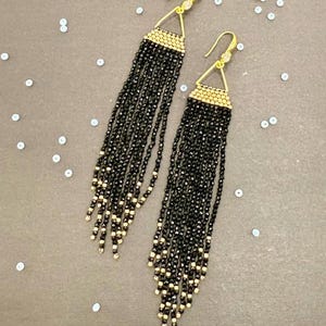 Handmade Black and Gold Beaded Fringe Earrings – Elegant Long Dangle Jewelry