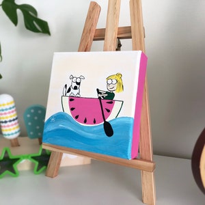 Titulado 'Barky Boat'. Pintura original a mano sobre lienzo, decoración brillante del dormitorio de los niños, obras de arte acrílicas personalizadas sobre lienzo estirado.