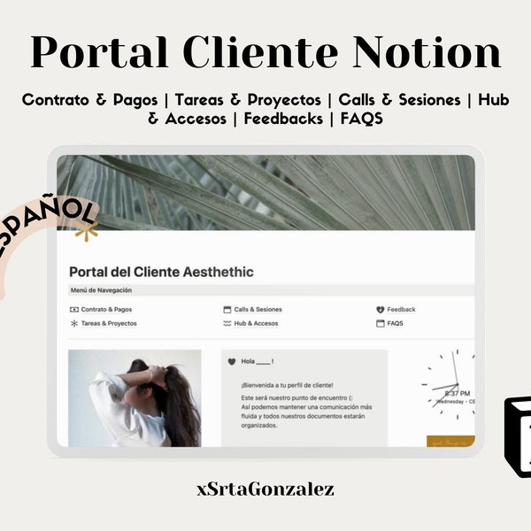 Portal de cliente Elegante Notion Español, plantilla de notion en español para negocios, plantilla de clientes notion aesthetic en español