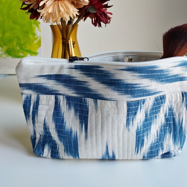 Quilted Ikat makeup bag Blue and white cosmetic bag Sustainable makeup bag