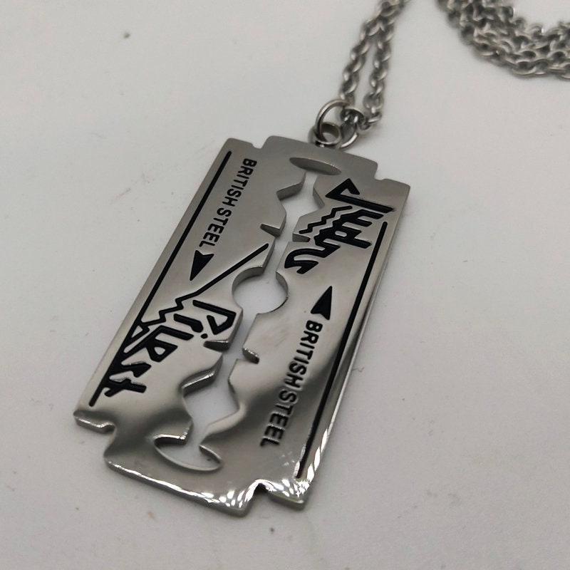 NEW] Judas Priest Silver Color British Steel Necklace and Razor Blade  Pendant