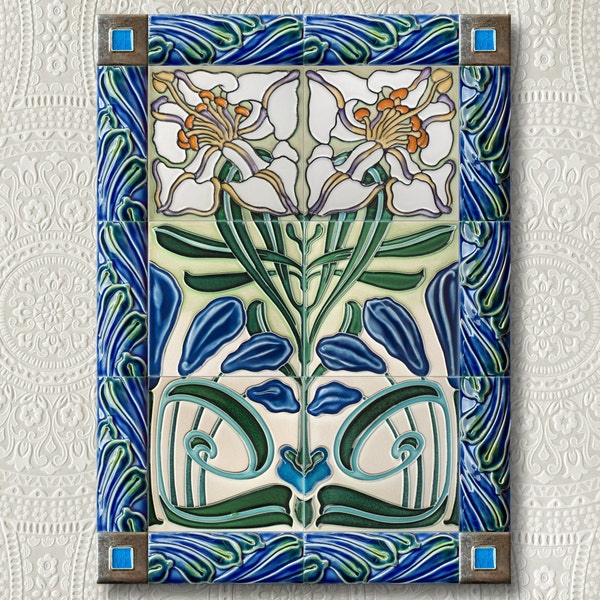 Luciano Ceramic Tileworks, "Pattern" (6 pc) Art Nouveau, Liberty, Jugendstil, in relief ceramic, Handmade in Italy.