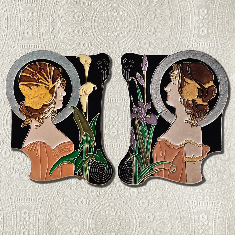 Luciano Ceramic Tileworks, liberty Woman Iris Art Nouveau Tileworks