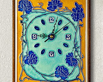Art Nouveau, Wall Clock Liberty (20 x 25 cm), Luciano Cramic Tileworks, Handmade in Italy.