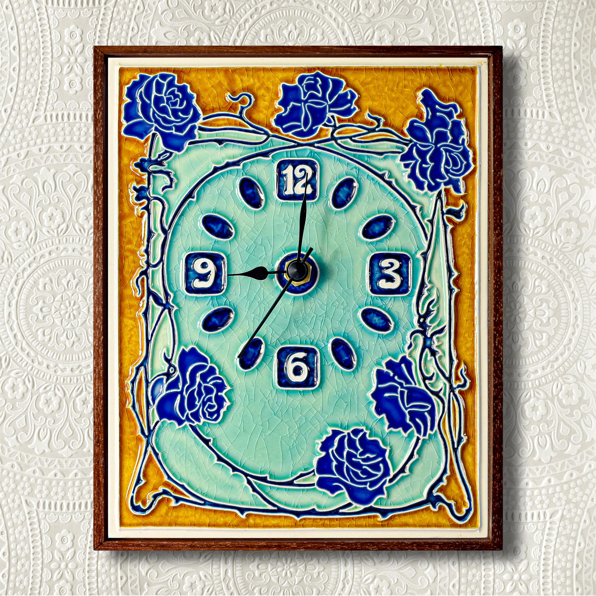 Art Nouveau, Wall Clock Liberty (16 x 20 cm), Luciano Cramic Tileworks, Handmade in Italy.