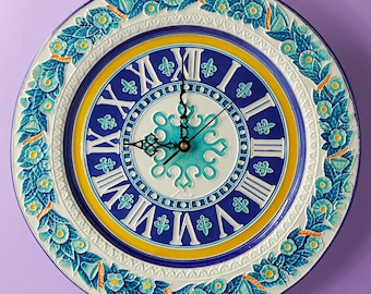Luciano Cramic Tileworks, Floral Wall Clock Ø 40 cm, Relief Ceramic Art Clock, Handmade in Italy.