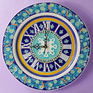 Luciano Cramic Tileworks, Floral Wall Clock, Ø 40 cm, Relief Ceramic Art Clock, Handmade in Italy.