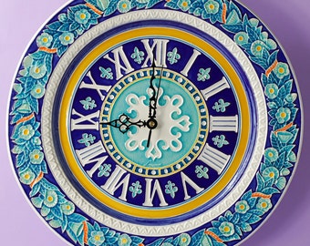 Luciano Cramic Tileworks, Floral Wall Clock, Ø 40 cm, Relief Ceramic Art Clock, Handmade in Italy.