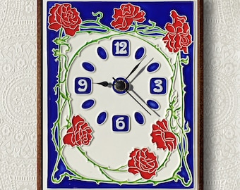Art Nouveau, Wall Clock Liberty (Classic) (16 x 20 cm), Luciano Cramic Tileworks, Handmade in Italy.