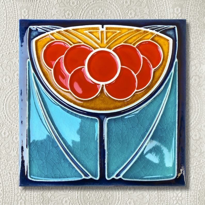 Art Nouveau, Luciano Ceramic Tileworks, cherry, Art Deco Tile 15x15 Cm