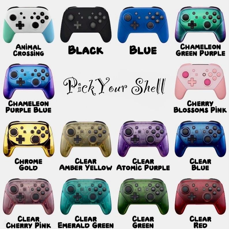 May include: A collection of sixteen game controllers in various colors and finishes, including solid, metallic, and transparent shells. The text Pick Your Shell is centered among the controllers, with labels identifying each color variant below.