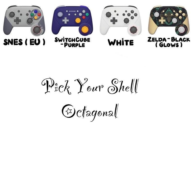 May include: Four game controllers with octagonal stick gates, labeled SNES (EU), SwitchCube-Purple, White, and Zelda-Black (Glows). The text reads Pick Your Shell and Octagonal. The controllers feature various color schemes and button layouts.