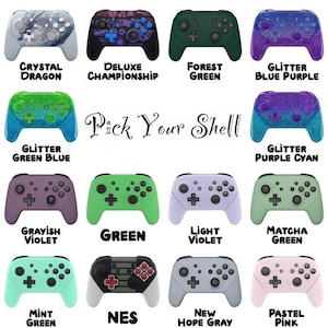 May include: A collection of fourteen game controller shells in various colors and patterns, including Crystal Dragon, Deluxe Championship, Forest Green, Glitter Blue Purple, Glitter Green Blue, Glitter Purple Cyan, Grayish Violet, Green, Light Violet, Matcha Green, Mint Green, NES, New Hope Gray, and Pastel Pink, with the text Pick Your Shell in the center.