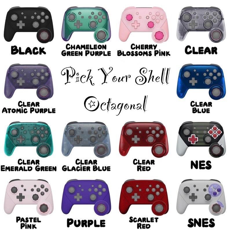 May include: A grid of sixteen video game controllers in various colors and finishes, including black, green, pink, clear, purple, blue, red, and retro-themed designs. The text reads Pick Your Shell and Octagonal, showcasing customization options.
