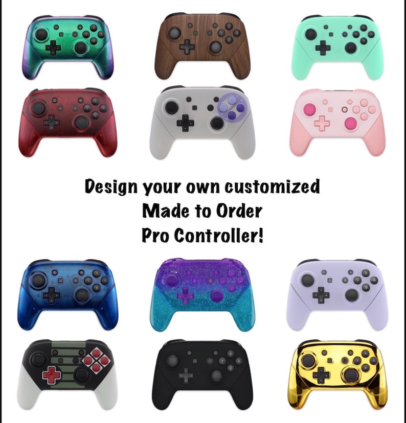 May include: A collection of twelve wireless game controllers in various colors and finishes, including metallic green, wood grain, mint, translucent red, grey, pink, blue, purple glitter, lavender, striped, black, and gold, with the text Design your own customized Made to Order Pro Controller!