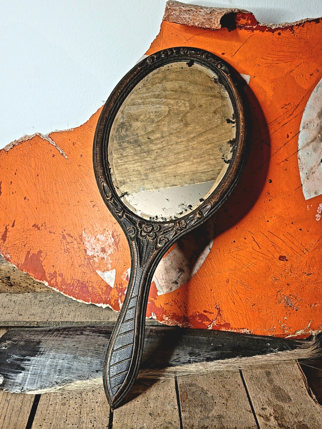 ANCIEN MIROIR À Main double face Napoléon III en bronze ruban noué