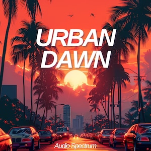 Könnte beinhalten: Digitales Kunstwerk eines Sonnenuntergangs über einer Stadtstraße mit Palmen und Autos. Die Worte "URBAN DAWN" stehen in Weiß über dem Himmel. Der Text "Audio Spectrum" befindet sich unten.