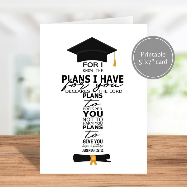 Printable Christian graduation card, Jeremiah 29:11 card, religious card, PDF instant download, card for graduates