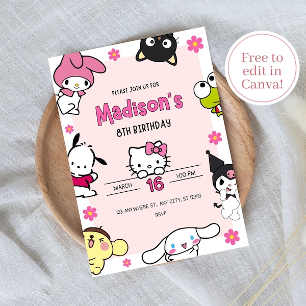 Editable kitty and friends birthday invite, digital download, Canva template, kitten invitation, cute characters part for kids