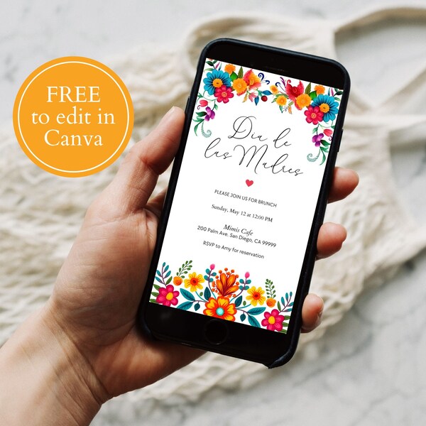 Editable Mothers Day invite, Canva template, Dia de las madres, mobile invitation, mexican mothers day, Mexican floral invite