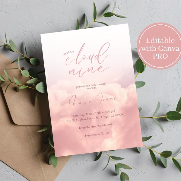 Editable cloud nine baby shower invitation, bridal shower invite, digital download, blush pink, cloud nine template for showers